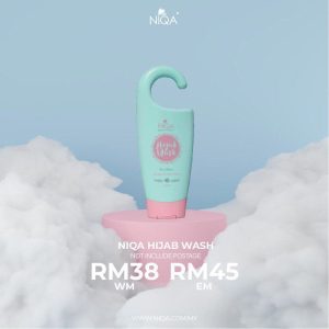 Niqa Hijab Wash, pembersih hijab yang dirumus khas untuk menjaga kebersihan dan kesegaran hijab sepanjang hari.