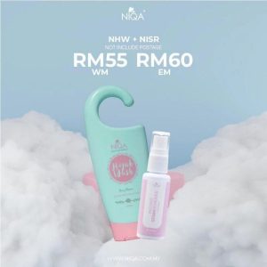 "Niqa Combo 1, set lengkap penjagaan hijab termasuk Niqa Hijab Wash, dan Niqa Instant Stain Remover.