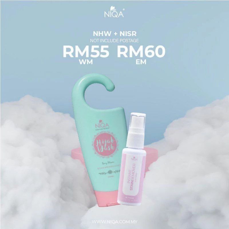 "Niqa Combo 1, set lengkap penjagaan hijab termasuk Niqa Hijab Wash, dan Niqa Instant Stain Remover.