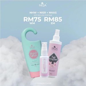 Niqa Combo 3, set penjagaan hijab lengkap dengan Niqa Hijab Wash, Niqa Instant Stain Remover, dan Niqa Hijab Awning Starch.